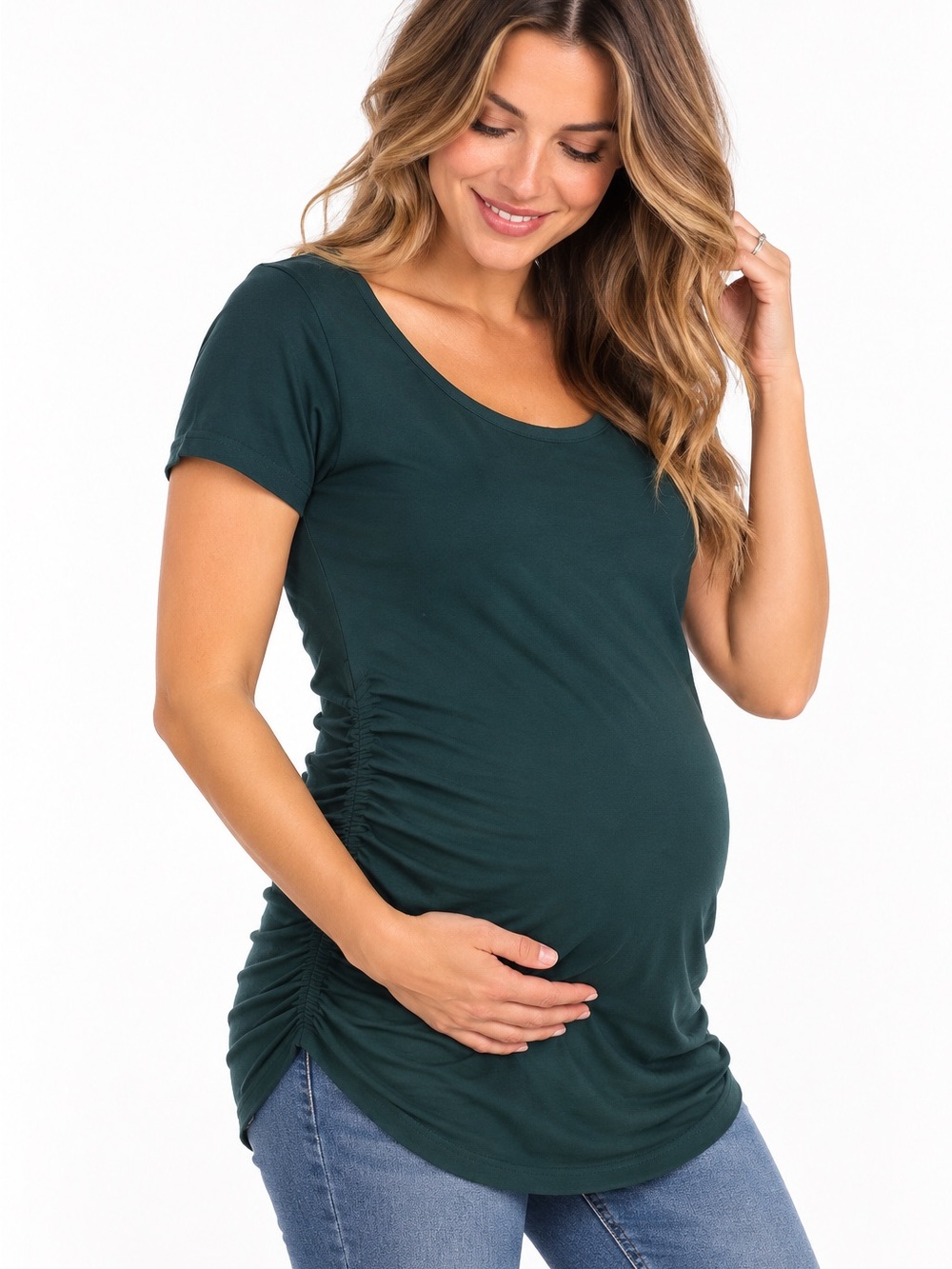 Women’s Ruched Maternity Scoop Neck Tee - Deep Teal